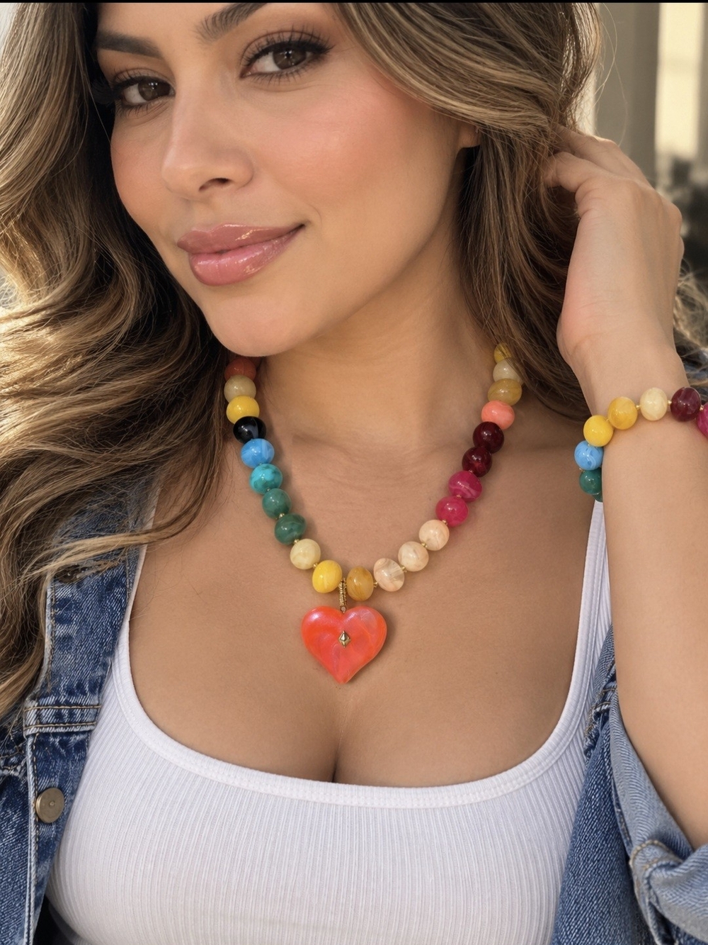 Colorful Heart Bead Necklace - Multicolor